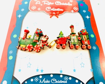 Christmas Train Statement Brooch,Retro Santa & Rudolf Pin,Vintage Style Festive Jewellery,Unusual Holiday Gift for Her,Nostalgic Xmas gift