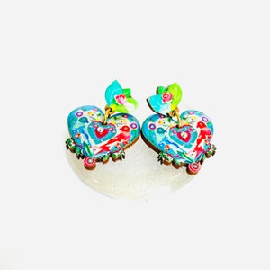 Love bird heart earrings, unusual dangle earrings, floral earrings, bird art earrings, leaf earrings, summer earring, modern nature earring