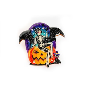 Novelty skeleton girl halloween brooch pumkin brooch unusual brooch spooky jewellery witchy gifts for her vintage halloween retro brooch