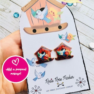 Bird house earrings, swallow earrings, bird earrings, dangle drop earrings, cluster earrings, pretty summer earring, bird gifts, daughter