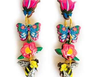 dangle drop flower butterfly earrings: statement flower earrings summer bold earrings unusual earrings floral jewellery spring jewellery