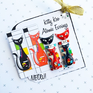 Atomic black cat earrings, retro dangle earrings, vintage inspired jewellery, atomic cat 1950s, rockabilly cat, mid century earring,