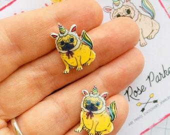 Pug earrings,unicorn earring,pugicorn earring,pug gift,pug present,pug jewellery,gift for child,gift for pug mum,furbaby,novelty gift,fun