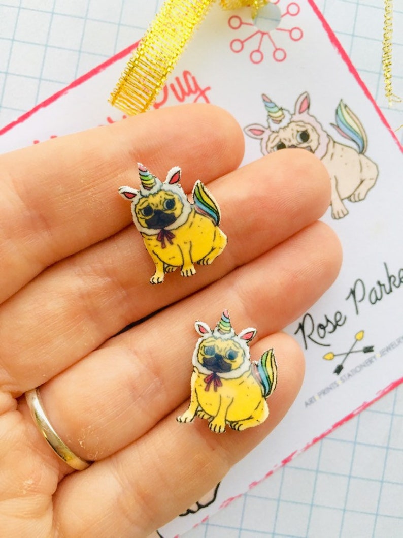 Pug earrings,unicorn earring,pugicorn earring,pug gift,pug present,pug jewellery,gift for child,gift for pug mum,furbaby,novelty gift,fun image 1