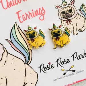 Pug earrings,unicorn earring,pugicorn earring,pug gift,pug present,pug jewellery,gift for child,gift for pug mum,furbaby,novelty gift,fun image 5