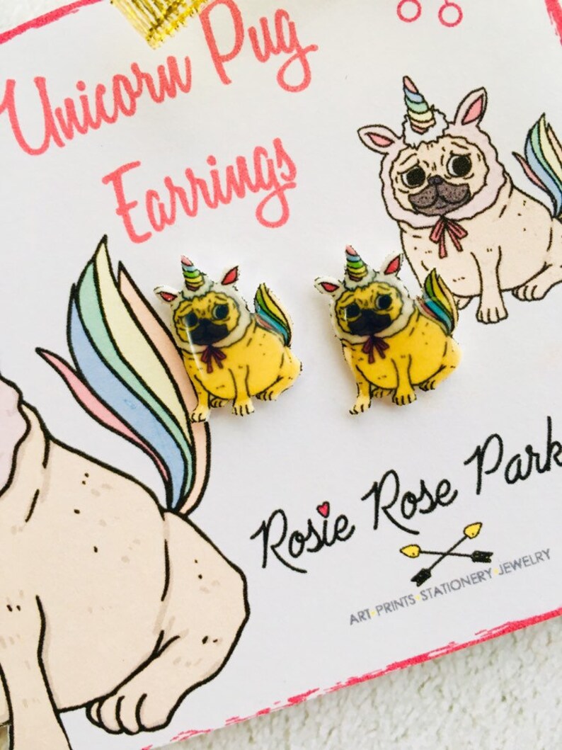 Pug earrings,unicorn earring,pugicorn earring,pug gift,pug present,pug jewellery,gift for child,gift for pug mum,furbaby,novelty gift,fun image 5