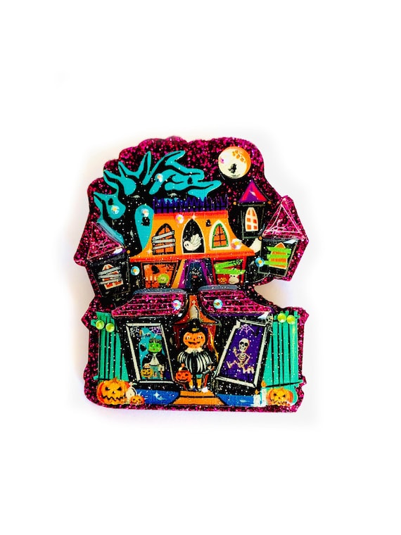 Spooky Haunted House Brooch: Holographic Halloween Pin novelty spooky home brooches unusual quirky acyrlic jewellery kooky Halloween fashion