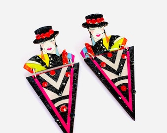 80s huge unusual statement punk earrings, rectangular abstract 90s jewellery,quirky colourful statement earring, unusual punk earrings weird