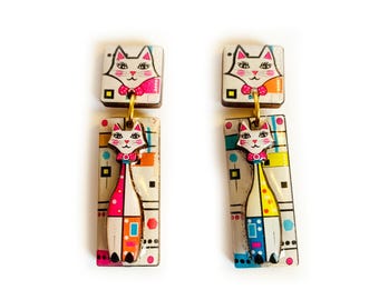 Brincos pendentes Atomic Cat, estilo moderno de meados do século XX, joias originais em 3D, brincos retrô marcantes com gatinhos divertidos, joias excêntricas.