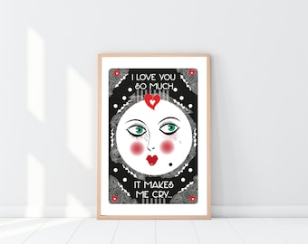 Art Deco Moon Face Print | Whimsical Celestial Wall Art | Vintage Modern Moon Portrait | Witchy Surrealist Art Print for Home, i love you