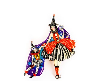 Meggie the Witch Brooch: Halloween Skeleton Doll Pin