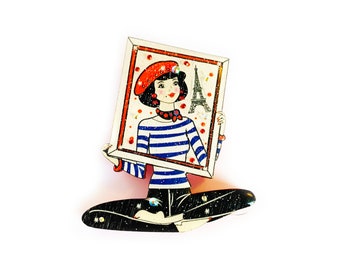 Paris french girl brooch novelty brooch acrylic brooch Paris jewellery statement retro brooches quirky brooch unusual gifts pins