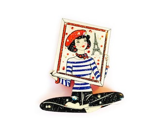 Parisian Girl Acrylic Brooch: Novelty Retro Jewelry Paris mime pin french inspired fashion accessory statement brooches artistic pins