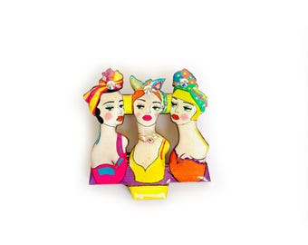 Handmade Retro Turban Lady Pin - 1950s Style Rockabilly Brooch - Unusual Mid-Century Statement Jewellery - Pin Up Vintage Fashion Accessory