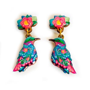Dangle Bird Earrings Floral Resin Statement Jewellery floral jewellery pretty colourful summer earrings dangle and drop handmade