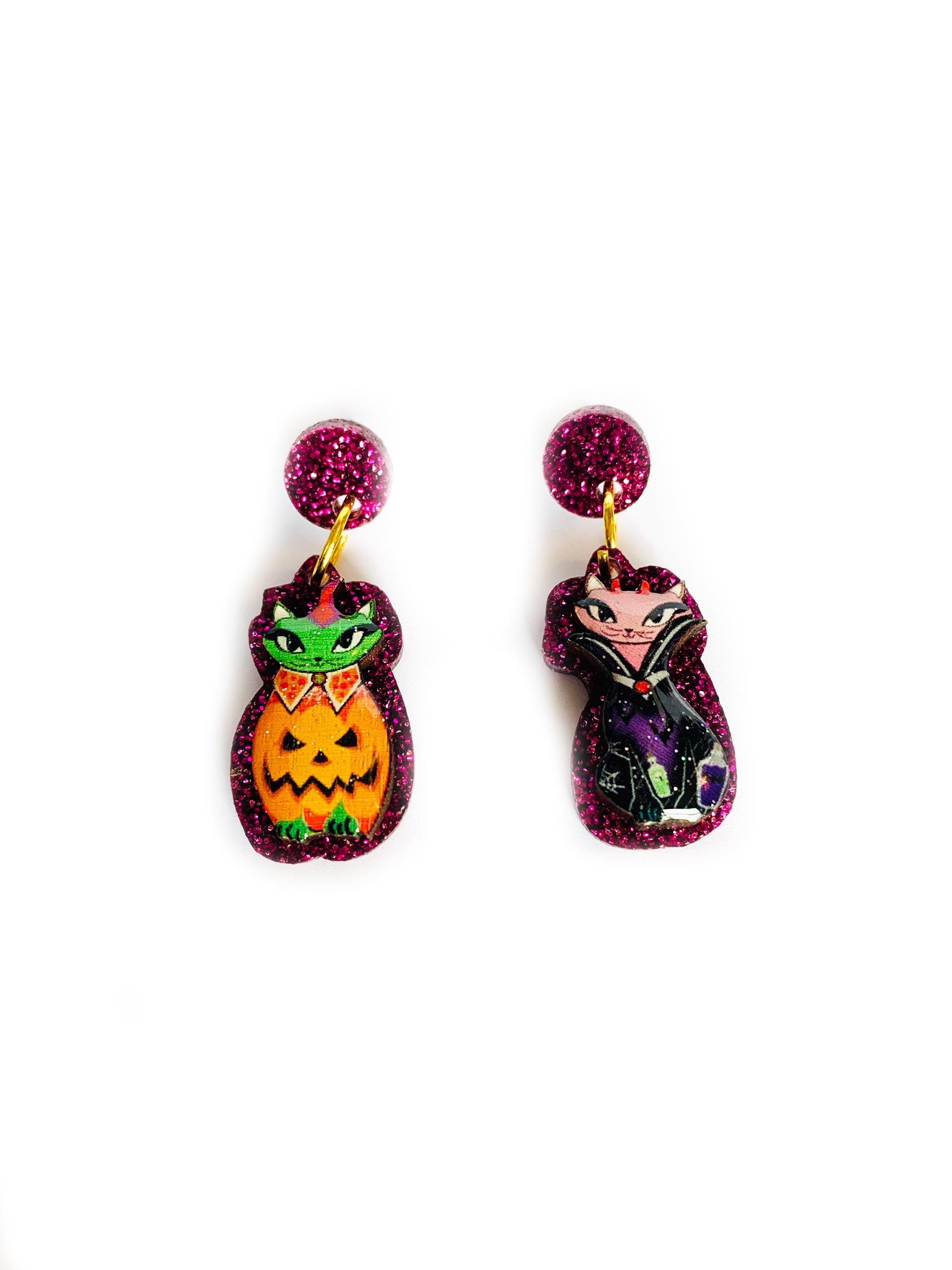Mismatched Halloween Cat Earrings: Vampire Kitty Pumpkin Earrings