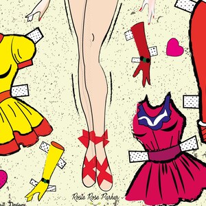 May include: A paper doll set with a female figure and various clothing options. The doll has red shoes, red bows, and pink skin. The clothing options include a yellow dress with red trim, a red dress with a blue collar, red pants with white trim, and yellow and red gloves.