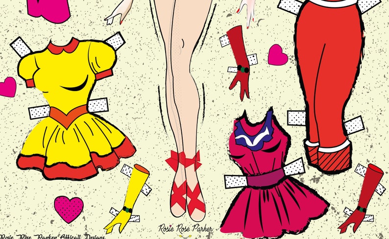 May include: A paper doll set with a female figure and various clothing options. The doll has red shoes, red bows, and pink skin. The clothing options include a yellow dress with red trim, a red dress with a blue collar, red pants with white trim, and yellow and red gloves.