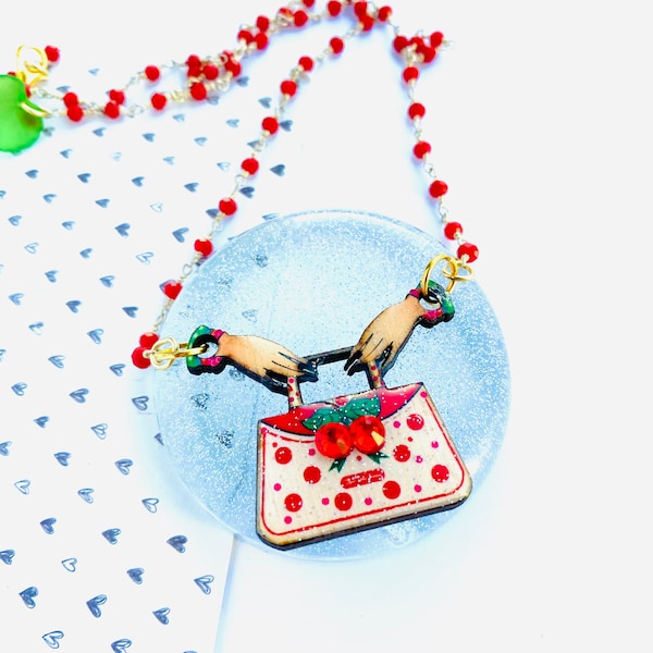 Retro cherry necklace beaded necklace fruit necklace french style necklace retro handbag 1950s modern necklace vintage inspired unusual