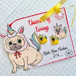 Pug earrings,unicorn earring,pugicorn earring,pug gift,pug present,pug jewellery,gift for child,gift for pug mum,furbaby,novelty gift,fun image 4