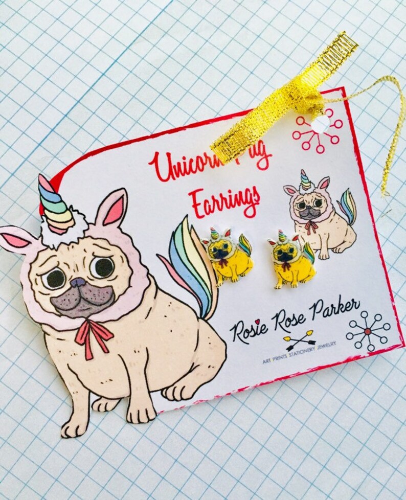 Pug earrings,unicorn earring,pugicorn earring,pug gift,pug present,pug jewellery,gift for child,gift for pug mum,furbaby,novelty gift,fun image 4