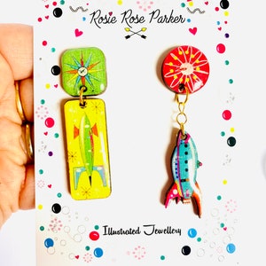 atomic miss match rocket statement earrings dangle unusual earring rockabilly summer earrings cute abstract 50s earring quirky funky earring image 3