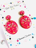 1950s atomic style coctsil earrings novelty bright pink earring mid century vibrant jewellery colourful dangle earrings statement summer