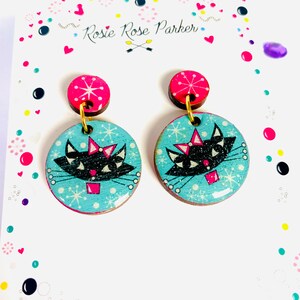 cat atomic retro statement earrings pinup rockabilly earring novelty earrings kitty earring funky unique gifts for daughter cat gifts