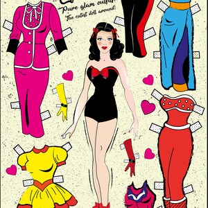 May include: A paper doll set featuring a vintage style woman with black hair and red lips. The doll has a black swimsuit and comes with several different outfits to choose from, including a pink dress, a yellow dress, a red dress, and a blue dress. The paper doll set is perfect for creative play and imaginative fun.