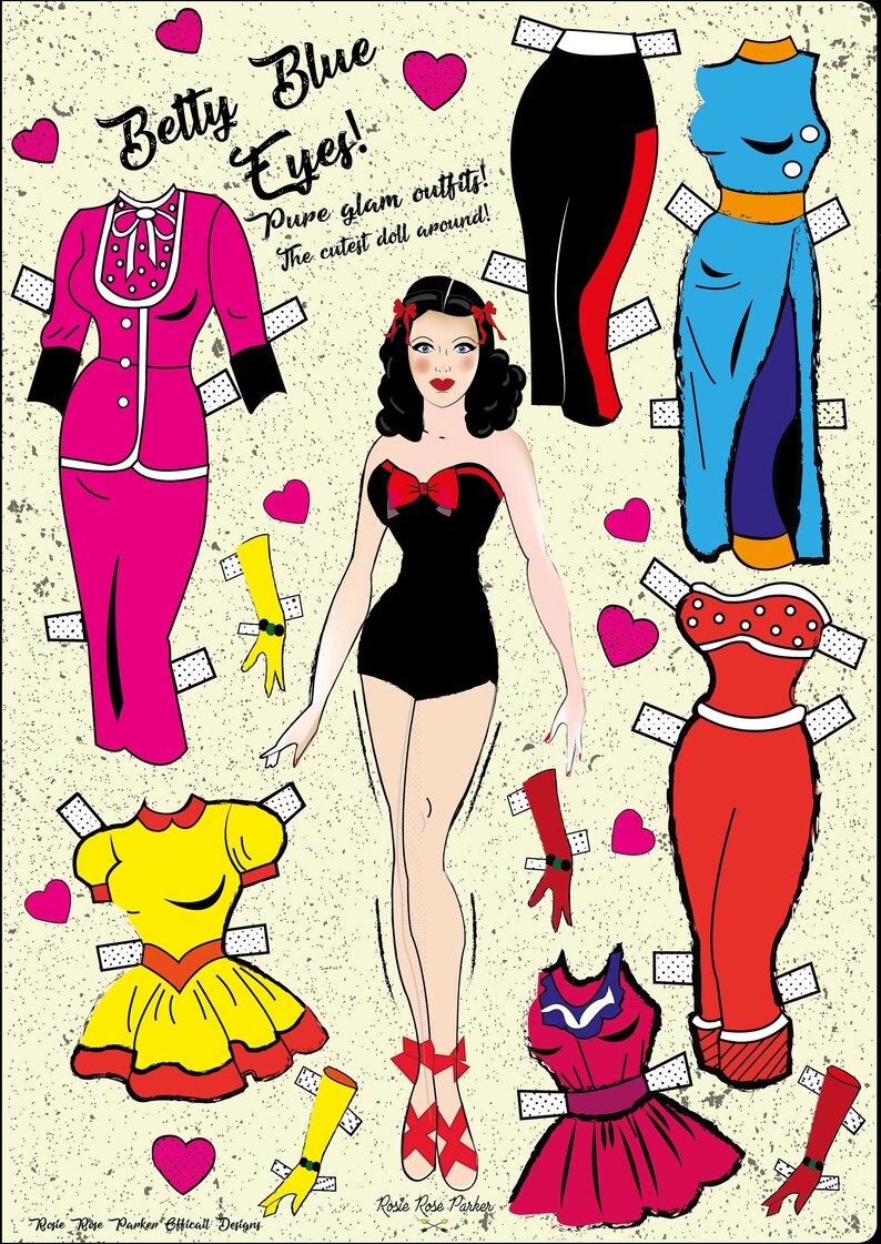 May include: A paper doll set featuring a vintage style woman with black hair and red lips. The doll has a black swimsuit and comes with several different outfits to choose from, including a pink dress, a yellow dress, a red dress, and a blue dress. The paper doll set is perfect for creative play and imaginative fun.