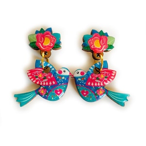 Big Blue Bird Statement Earrings,Abstract Summer Bold birdie Dangles,Colourful Nature-Inspired Jewellery,Artistic Bird Lover Gift for Her