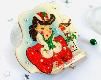 Mid Century Christmas Brooch: Red Robin pin vintage Christmas inspired jewellery 1940s style novelty brooch Victorian festive style pin