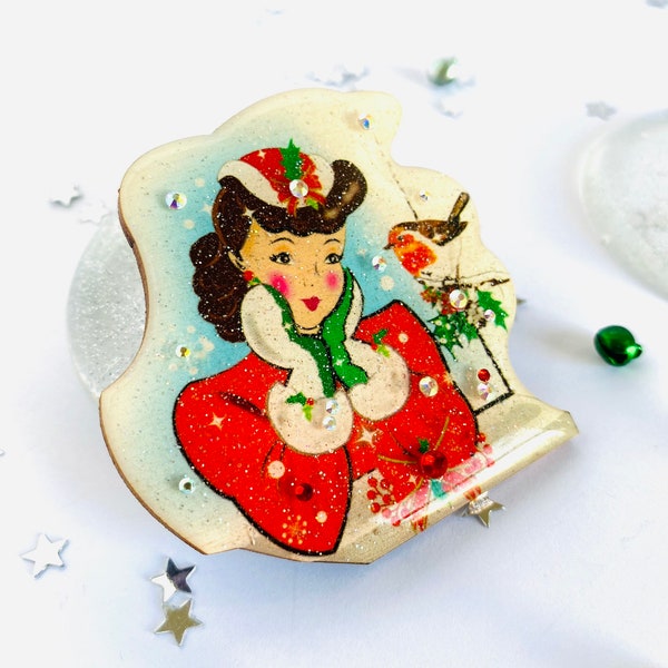 red robin and lady christmas brooch mid century brooch, retro pin, retro Christmas, festive brooch, statement brooch, unusual brooches, cute