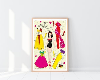 1950s Retro Paper Doll Art Print: Betty Blue Eyes pin up doll cut our dolly inspired print 1950s retro art vintage inspired wall art