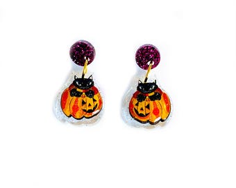 Retro Katze Kürbis Ohrringe: Glitter Acryl Halloween Schmuck gruselige Ohrringe