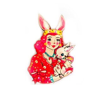 Bunny ears statement Girl Brooch: Easter novelty  Pin retro style collectible jewellery cute unique Easter gifts bunny rabbit pins