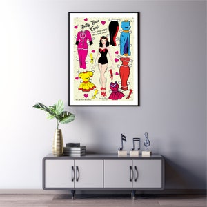 May include: A vintage paper doll set featuring a woman named "Betty Blue Eyes". The set includes a variety of outfits in pink, red, yellow, and blue. The paper doll is surrounded by hearts and the text "Have you got the moves?"