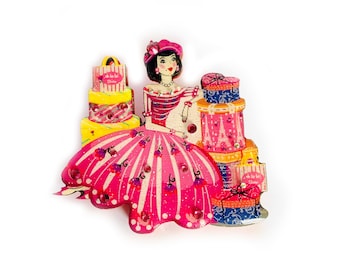 Parisian Girl Brooch: Glitter Acrylic Pin with Hand Placed Gems