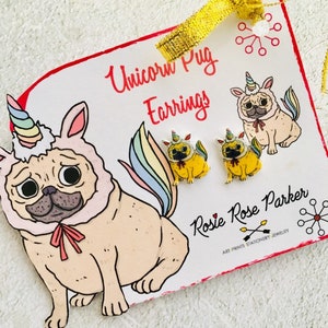 Pug earrings,unicorn earring,pugicorn earring,pug gift,pug present,pug jewellery,gift for child,gift for pug mum,furbaby,novelty gift,fun image 2