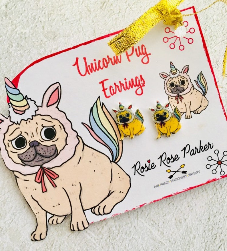 Pug earrings,unicorn earring,pugicorn earring,pug gift,pug present,pug jewellery,gift for child,gift for pug mum,furbaby,novelty gift,fun image 2