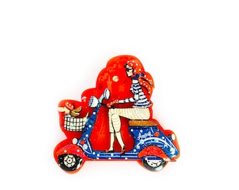 Paris moped scooter brooch novelty brooch acrylic brooch Paris jewellery statement retro brooches unusual brooch retro quirky brooch pins
