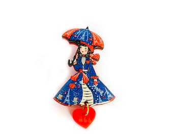 Parisian Girl Brooch: Novelty Acrylic Pin with Heart Dangle french inspired Statement brooches retro whimsical umbrella brooch accessories