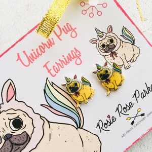 Pug earrings,unicorn earring,pugicorn earring,pug gift,pug present,pug jewellery,gift for child,gift for pug mum,furbaby,novelty gift,fun image 3