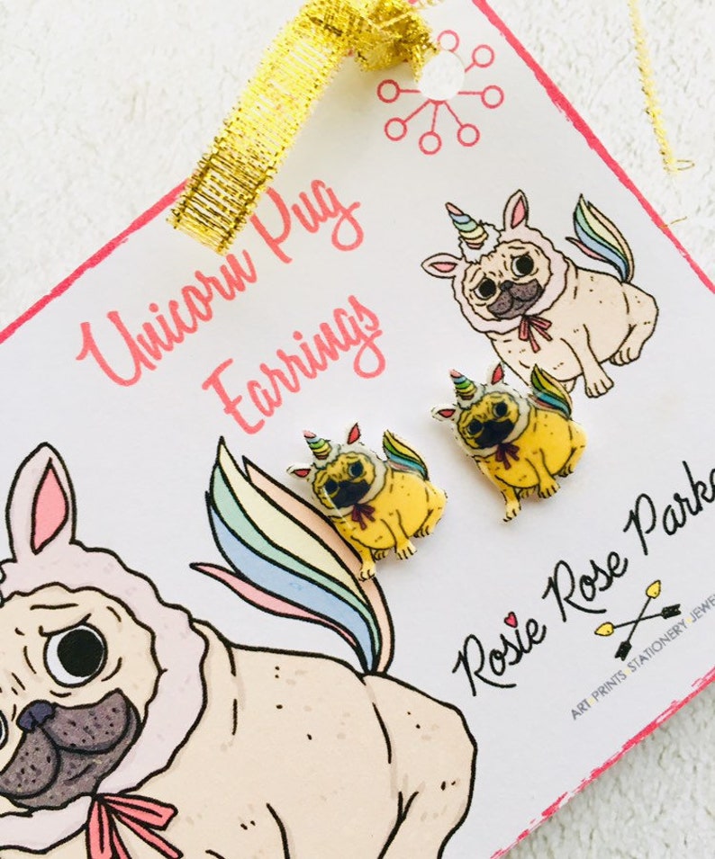 Pug earrings,unicorn earring,pugicorn earring,pug gift,pug present,pug jewellery,gift for child,gift for pug mum,furbaby,novelty gift,fun image 3