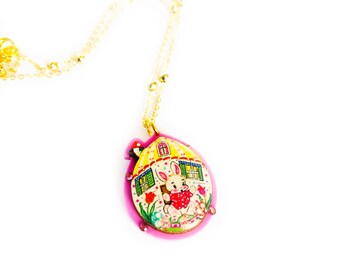 Bobby the Rabbit Easter Necklace: Kitsch Easter Bunny Egg House Pendant cute retro jewelley easter acrylic jewellery for her