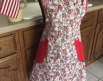 Retro Inspired, Handmade Women’s Apron, Children all around the World holding flags, large red pockets, blue star shaped buttons, holidays