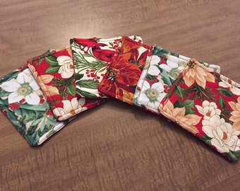 Christmas Fabric Coasters/Mug Rugs, Set of 6, 5 inch, 2 ply with batting, Floral, Berries, Red Birds, Poinsettias, Reversible, Decoration