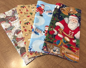 Kids Cloth Napkins, Christmas, Santa, Christmas Candy, Toys, Mittens, Snowmen, Set of 4, 9" x 9", perfect of little hands & lunchboxes