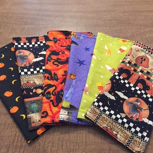 Halloween Napkins, Pumpkins, Candy Corn, Ghosts, Set of 6, 9” x 9”, 2 Ply Cotton, parties, Drinks, Snacks, Cocktails