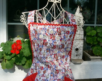 Handmade, Patriotic, Retro Style Apron, Cotton Fabric, Features Children All Around the World, Red, White, and Blue, Patriotic Flags